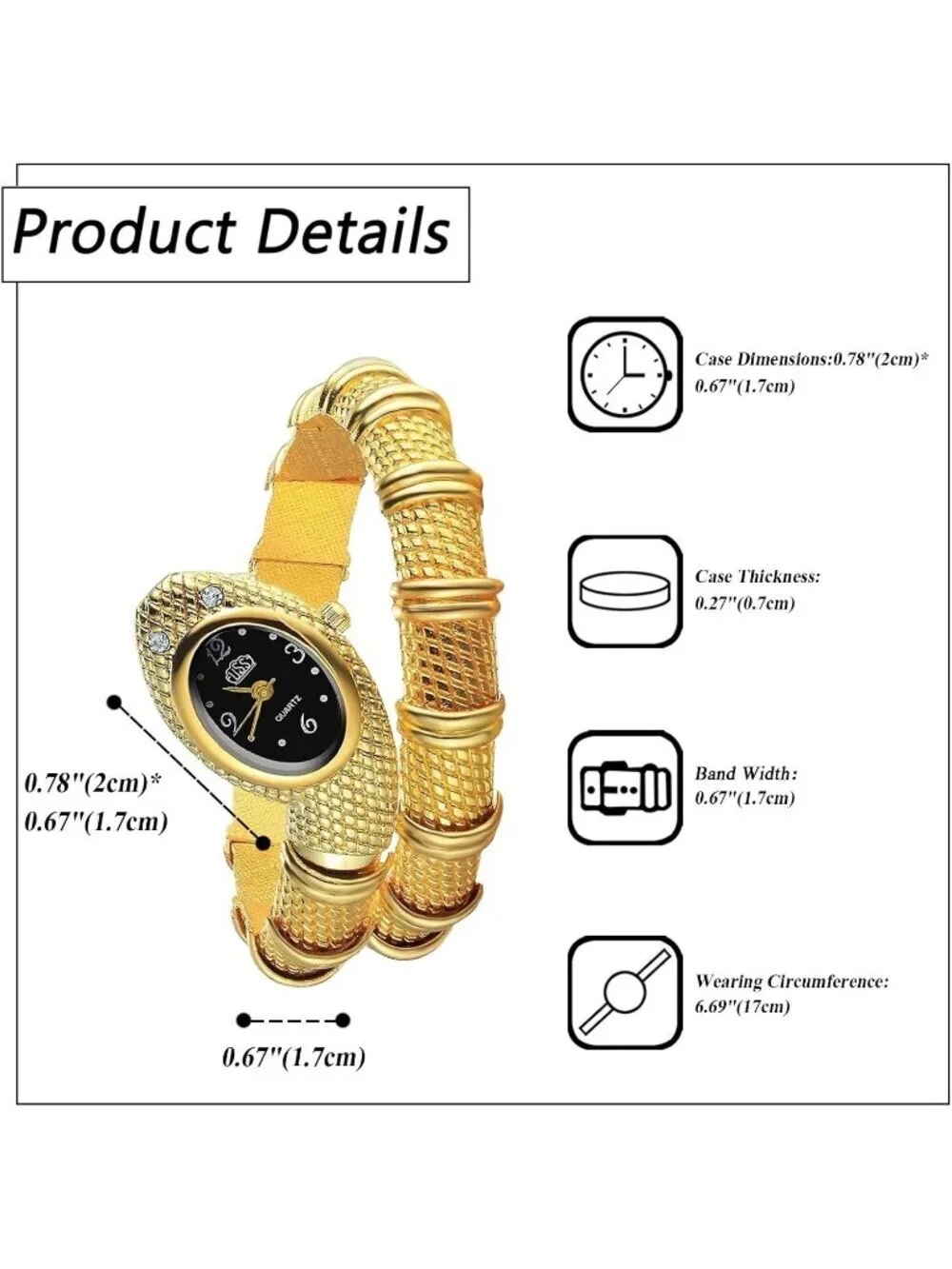 Women's Gold Armband Quartz Hip Hop Wrap Cuff Bracelet Snake Bangle Wrist Watch